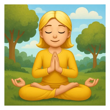Add a peaceful nature background with trees and sky behind the meditating emoji, keep the classic emoji style sticker