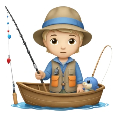 Little boy on a little boat fishing, felt texture, scrapbooking, precious moments style character sticker