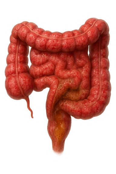 intestino anatomico umano affetto da gastroenterite, diarrea liquida nel colon ben visibile, iperrealistico 4k sticker