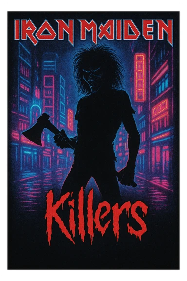 Iron Maiden 'Killers' inspired, Eddie silhouette with axe, neon city lights, retro 80s metal poster style sticker