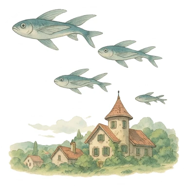 flying fish above a village in ghibli style, serene, detailed, soft colors sticker