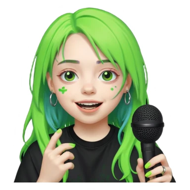 billie eilish is singing, holding mirco and smile, die hair neon lime sticker