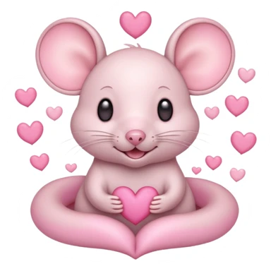 pastel cream cartoon mouse with large, round, pink-lined ears. The mouse has heart eyes, a small open mouth, and is surrounded by floating pink hearts, conveying a feeling of love, adoration, or strong affection. sticker