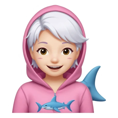 cute girl with white hair in a pink shark onesie, winking and smiling sticker