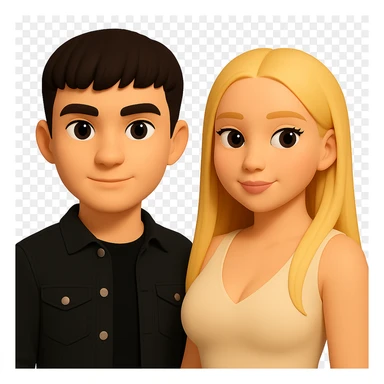 Slightly increase the volume of the upper body of the girl, separate the girl and the boy from each other, make the skin color the same for both. Maintain the cartoonish 3D style. Keep the background transparent. sticker
