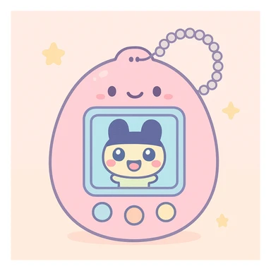 Tamagotchi virtual pet device, kawaii style, pastel colors, egg shaped, three buttons, Mametchi on screen, keychain, adorable face on the device sticker