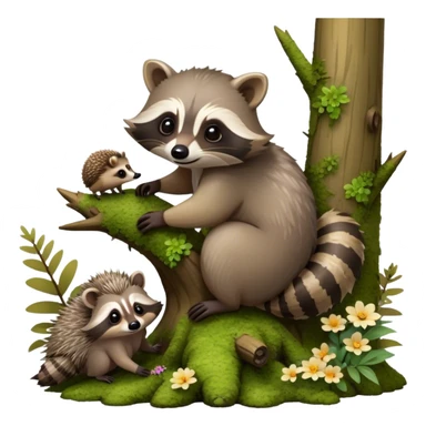 Collage of an exotic raccoon and a hedgehog, both curiously exploring a forest setting with moss and small flowers. The raccoon is perched on a tree branch, and the hedgehog is nestled in the underbrush. Vibrant nature backdrop. Transparent background. sticker