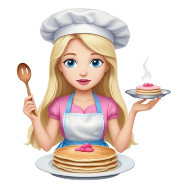 Cinematic realistic beautiful blonde with long hair, blue eyes and pink lips in a white dress cooks pancakes sticker