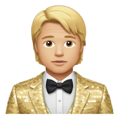 Brad Pitt with golden blonde hair, cream sequin suit with bow tie sticker