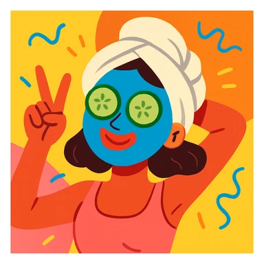 lady with a blue spa face mask, cucumber slices on eyes, relaxing, playful, vibrant colors sticker