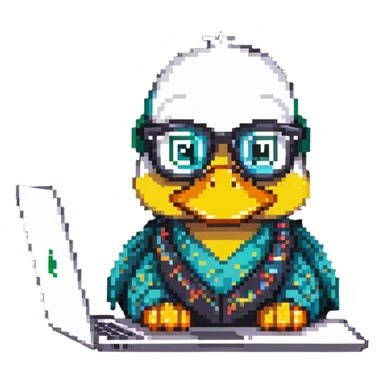 Animated duck wearing glasses, programming Python on a laptop sticker