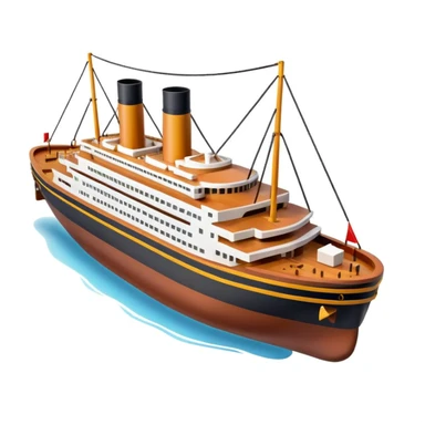 compact 3D Titanic ship emoji in Apple style, smooth and shiny, with bright colors, simplified but clear Titanic details, floating on water, no faces, soft shadows, high-quality render, white background sticker