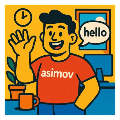 a cheerful office worker in a red 'asimov' t-shirt, waving hand, speech bubble with 'hello', vibrant toon style sticker