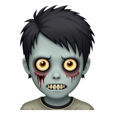 zombie boy, black shaggy hair, emo look, dark circles under eyes, sinister grin sticker