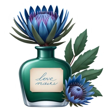 Dark green captivating perfume bottle with blue proteas and a handwritten love letter sticker