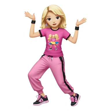 Hiphop dancer, with cute big pants, sneakers, and t-shirt. White girl blond. Coloufull shirt. No pocket pants. Dancing. No orange. Pink and black. No sweatband on the wrist, music box behind her sticker