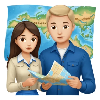 Russian young man and elegant fair-skinned Latina girl in costal outfits with a map planning  sticker