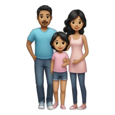 Family of three, woman with black hair, men with black hair, baby girl, 2 cats sticker