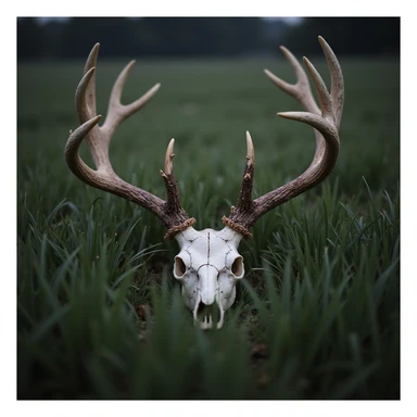 deer skull in tall grass, moody lighting, realistic style sticker