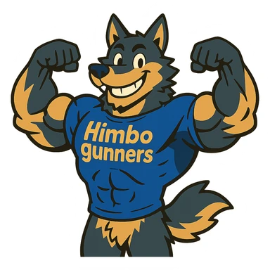extremely muscular wolf furry with exaggerated muscles, wearing a t-shirt that says 'Himbo gunners', flexing pose, big friendly grin sticker