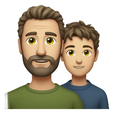Handsome Father 40s green eyes with short full beard with Son 13s light brown eyes tousled bedhead look both has brunette hair light skin close together portrait sticker