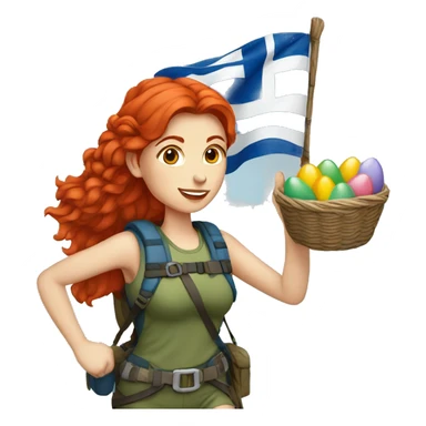 Female mountaineer red hair climbing with Greek flag and holding Easter eggs basket sticker