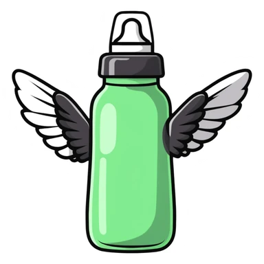 flying baby bottle with milk, wings, cartoon style sticker