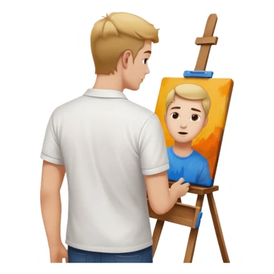 the white artist stands with his back to the painting, painting a portrait sticker