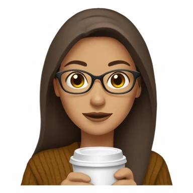 brown long hair brown women sweater brown eyes and small glasses holding coffee sticker