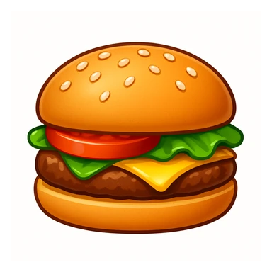 A classic single patty hamburger emoji,, glossy and colorful. Soft rounded bun with sesame seeds, one beef patty, fresh lettuce, ONE tomato slice, melted cheese, realistic but cartoonish look, clean white background sticker