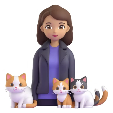 Light-skinned girl with brown straight hair wearing a black jacket, along with one pure white cat and one calico cat sticker