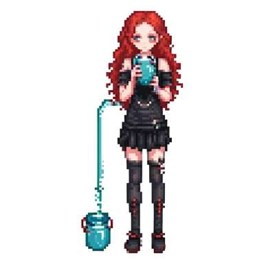full body goth girl with red curly hair drinking water sticker