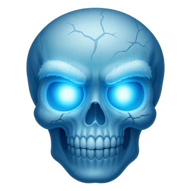 Add glowing eyes to the skull with frosty eyebrows and blue tint. The image should have no background. Keep the frosty eyebrows and blue tint style on the skull. sticker