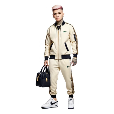 Capelli rasati ai lati con sfumatura, sopra corti e fissati con gel. Look curato e deciso. Indossa tuta firmata (Nike, Adidas, Lacoste, EA7) o jeans skinny, scarpe vistose come Air Force 1. Sempre presenti borsello a tracolla e collana d’oro E tatuaggi d’appertutto a mezzo busto sticker