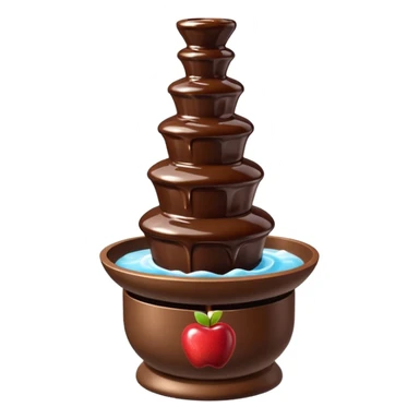 3D render of Chocolate Fountain, made entirely of dessert materials, glistening sugar crystal texture, flowing liquid dark brown chocolate, delicious confectionery aesthetic, Apple emoji style, isolated on white background --v 6.0. sticker