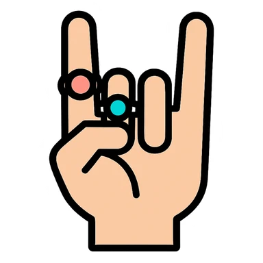 hand with rings making the metal sign, bold lines, minimal color, outlined style sticker