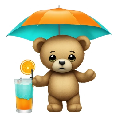 
a turquoise, tattered teddy bear with only one button eye holding an orange cocktail umbrella. sticker