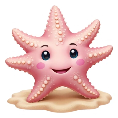 Cinematic cute round starfish, pastel pink, soft bumpy texture, tiny happy face, slightly tilted, glowing warmly, sparkling with gentle ocean magic. sticker