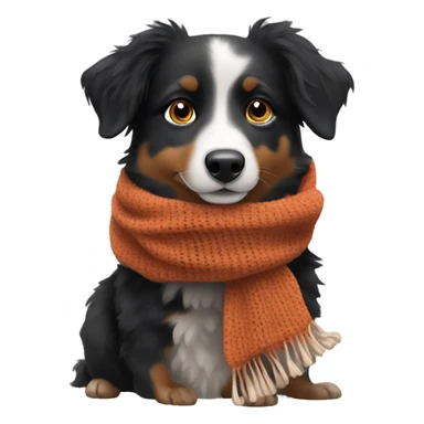 Small black australian shepherd dog wearing a knit scarf sticker