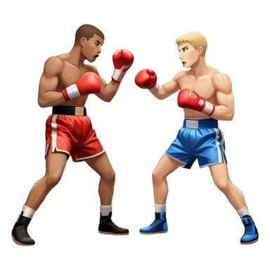 Two professional boxers in the ring fighting for the world championship title. One delivers a powerful straight punch to the head, while the other skillfully dodges. The background shows a brightly lit boxing arena with a roaring crowd. Transparent background sticker