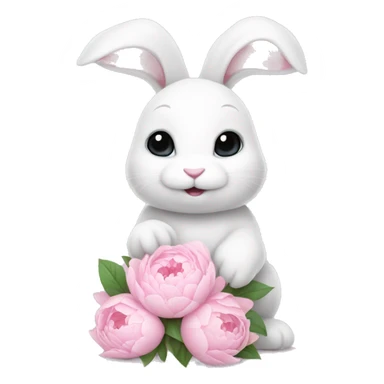 cute white bunny holding light pink peonies sticker