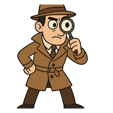 detective, classic look, brown trench coat, magnifying glass, cartoon style sticker