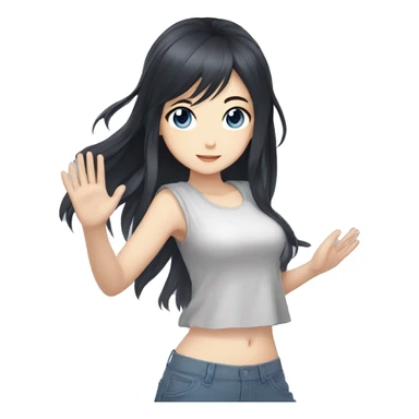 Anime-style girl with black hair down to her belly , gray-blue eyes , waving her hand sticker