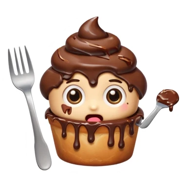 Funny cartoon chocolate mini pastry, holding tiny fork, wide shocked eyes, messy chocolate dripping, chibi style, Twitch emoji style, transparent background, colorful
 sticker