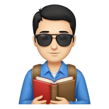 Man with black hair, black stubble, sunglasses on head and wearing a book bag sticker