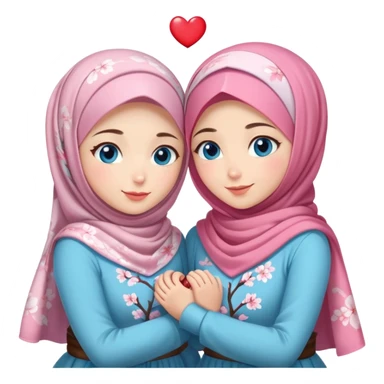Two friendly Turkish girls beautiful finish Konya blue eyes with cherry blossom hijab and heart dress and hugs  sticker