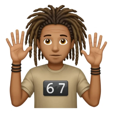 A Black man with dreads holding up physical numbers 6 in his right hand and 7 in his left hand  sticker