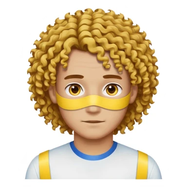 Make me an emoji that has a guy with a white shirt and yellow tape around the shirt with brown and blue spots hair make the hair curly make the yellow tape go around it sticker