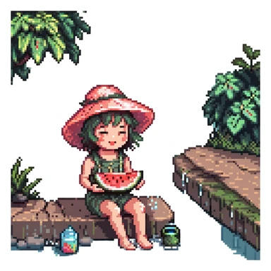 happy kid with a floppy sun hat sitting by a river eating watermelon surrounded by sparkles and water splashes pixel art vibrant colors sticker