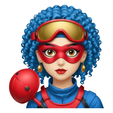 blue curly haired paintball playergirl with huge earrings, wearing red paintball eye mask helmet sticker